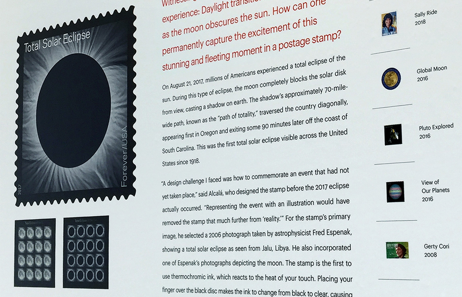 Detail of an interpretive panel outlines the challenges developing the Total Solar Eclipse stamp.