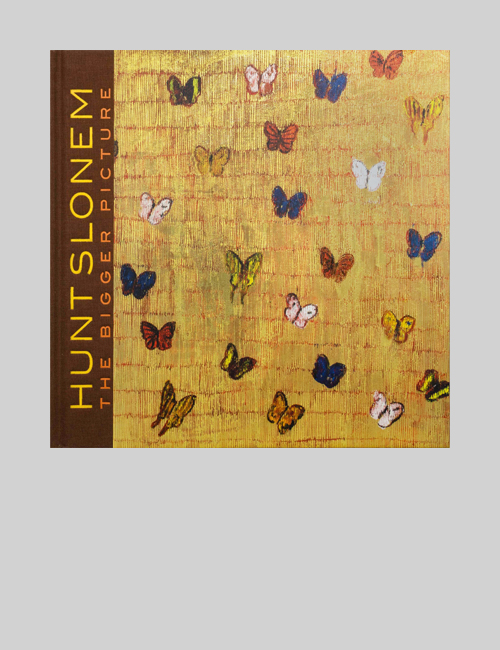Cover of “Hunt Slonem: The Bigger Picture” features colorful butterflies over a gold textured background.