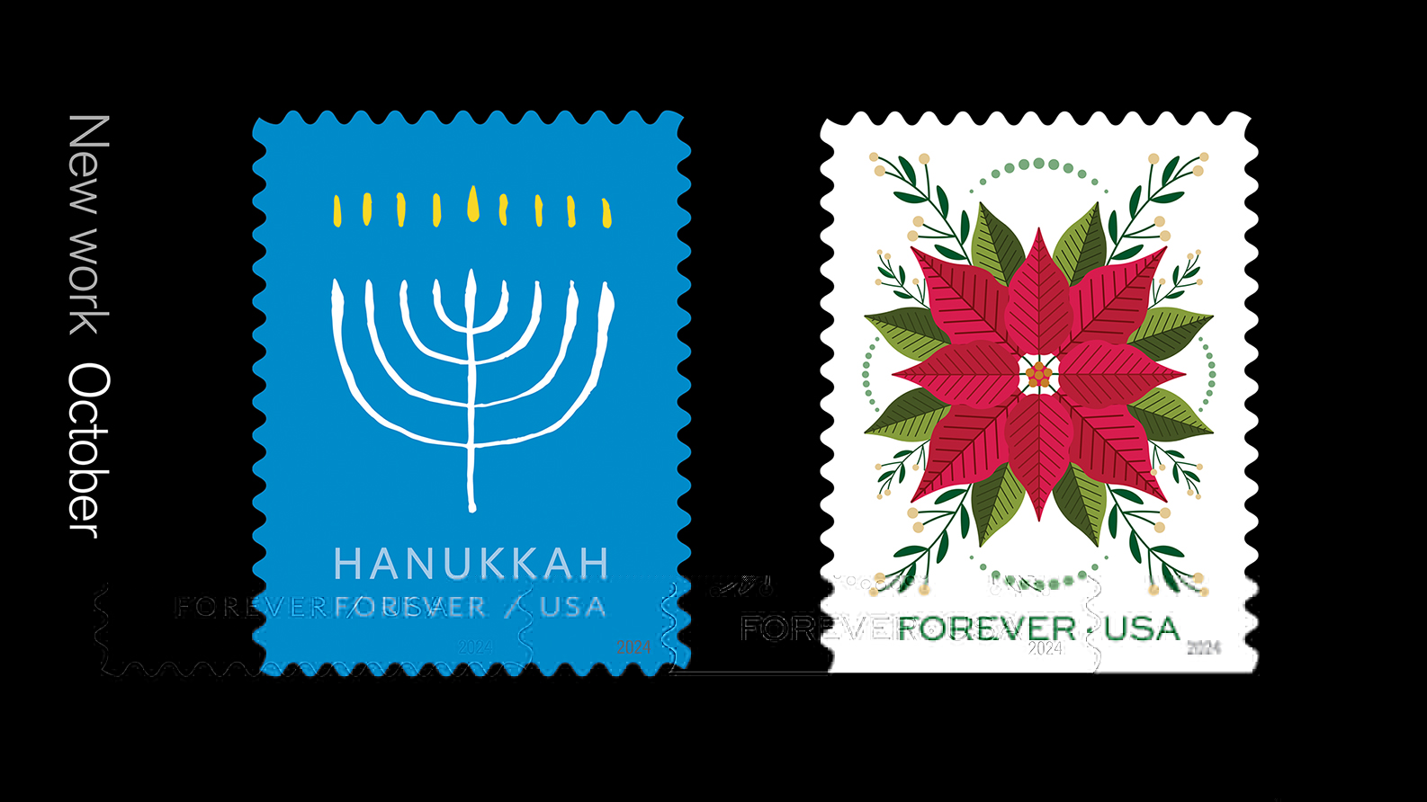 Two new holiday stamps are featured. To the left is the Hanukkah stamp featuring an illustration of a menorah. To the right is one of the Holiday Joy stamps illustrated by Michelle Munoz featuring an illustration of a poinsettia flower.