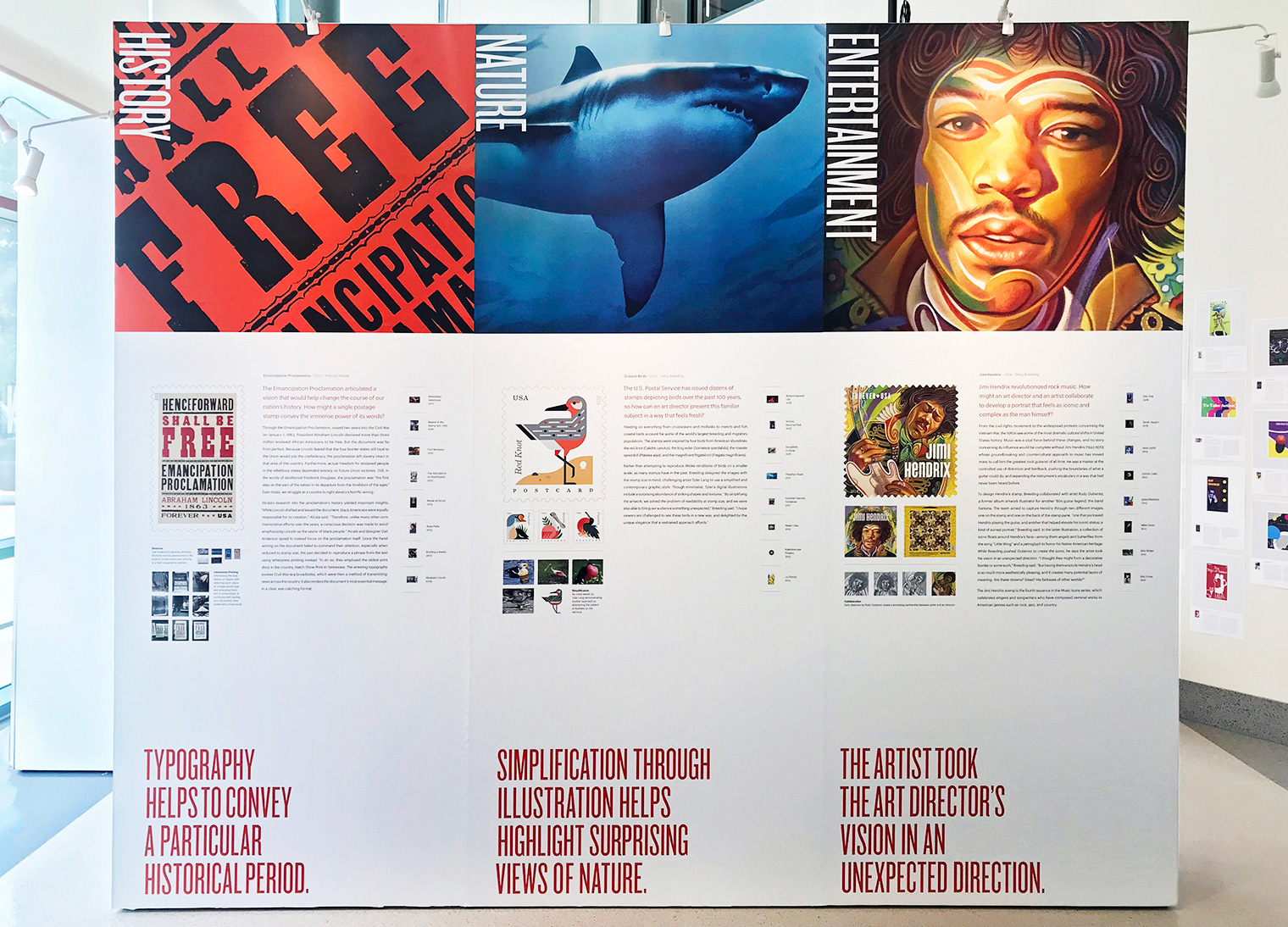 These panels highlight History, Nature, and Entertainment such as the Emancipation Proclamation, Sharks, and Jimi Hendrix.