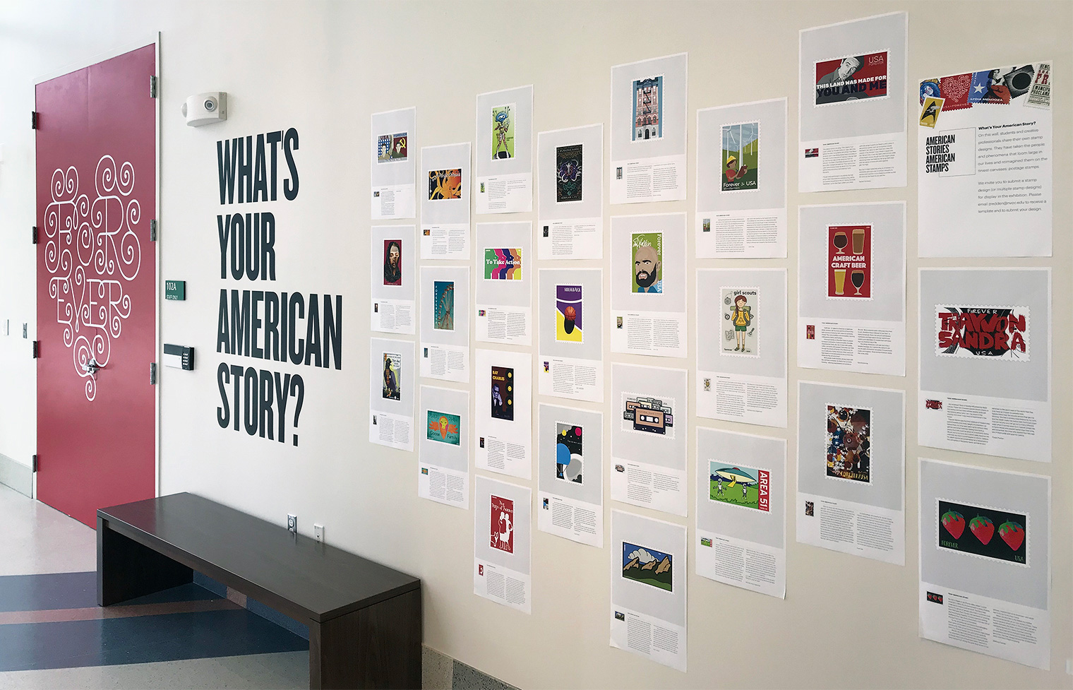 The exhibition included stamp designs created by NOVA students, responding to the prompt “What’s your American story?”