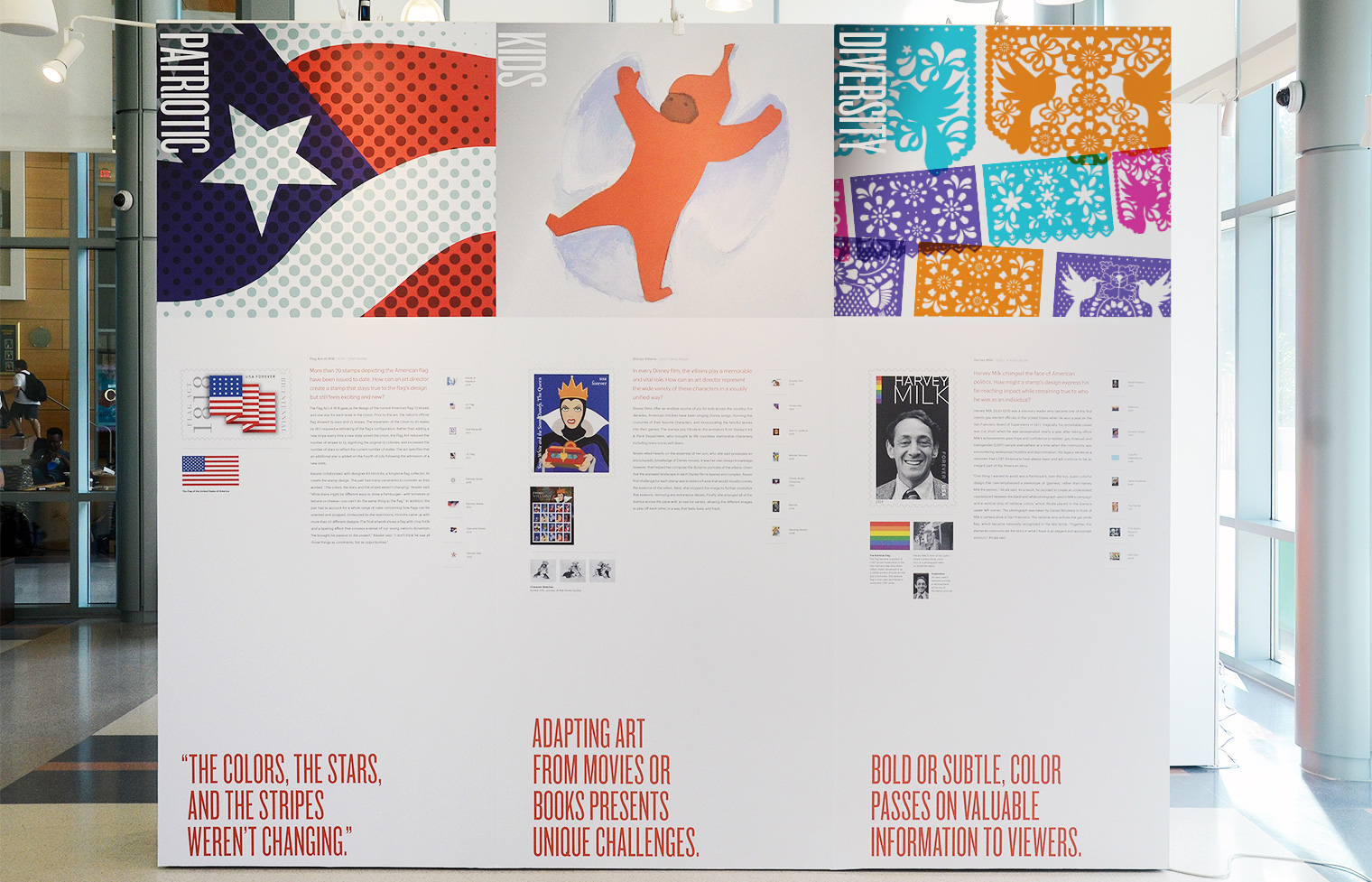 These panels highlight Patriotism, Kids, and Diversity such as the American flag, The Snowy Day and art of papel picado.