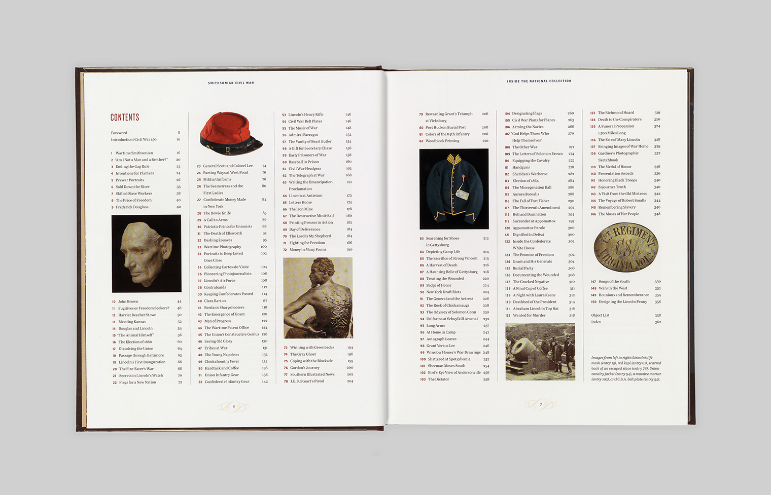 The Table of contents is interspersed with Civil War era objects and art.