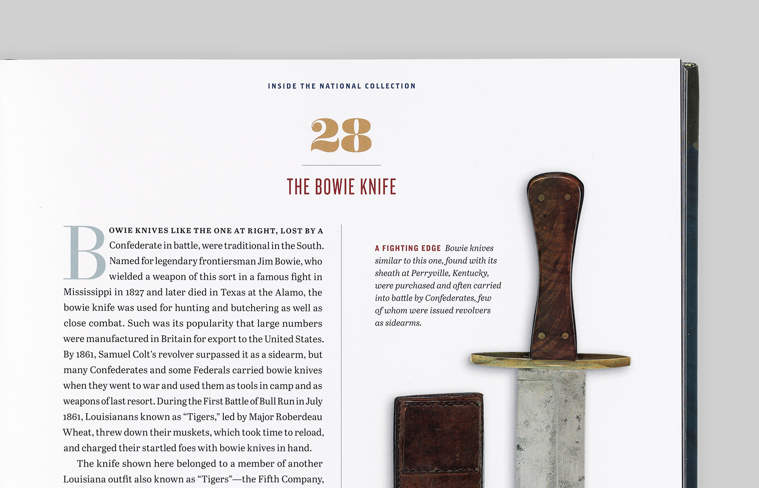 Details of page about the bowie knife reveals typographic and ornamental detail as well as highlighting the hilt of the knife.