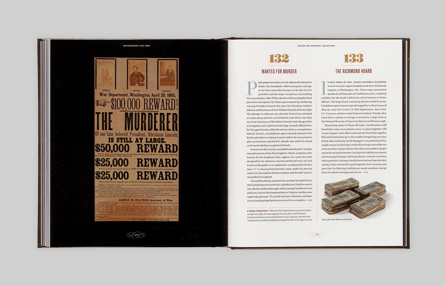 Double entry spread with artifacts: John Wilkes Booth’s wanted poster with characteristic typography of the era and stacks of Confederate notes from the Richmond Hoard.