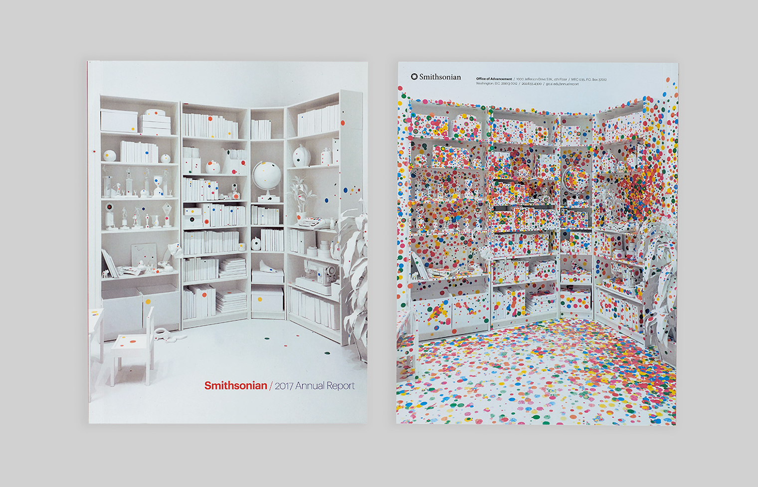 Covers, front and back, show Yayoi Kusama’s “Obliteration Room” at the Hirshhorn before and after visitors placed colored circular stickers.