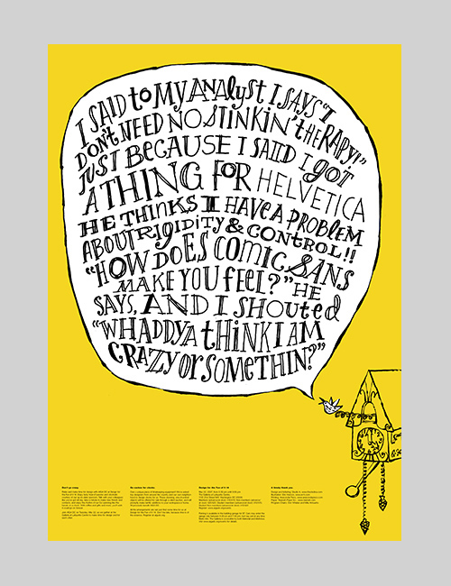 This poster has an illustrated speech bubble of a joke about typography coming from the bird of a cuckoo clock.