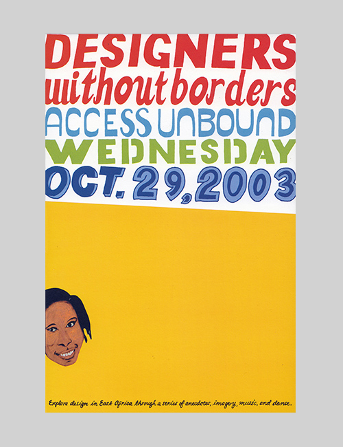 Desigers without Borders poster features stylized typography, an illustration of an immigrant, and a yellow background.