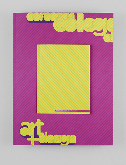 Cover of the viewbook consists of a smaller cutout book in yellow from a larger book in magenta with the title treatment.