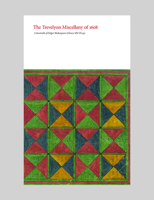 Cover of the Trevelyon Miscellany of 1608 catalogue features an image of patterned squares in red, blue, yellow, and green.