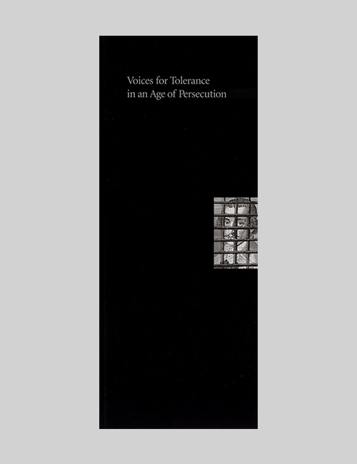 Cover of the Voices for Tolerance catalogue has a small black and white image of a male figure from the era behind bars.