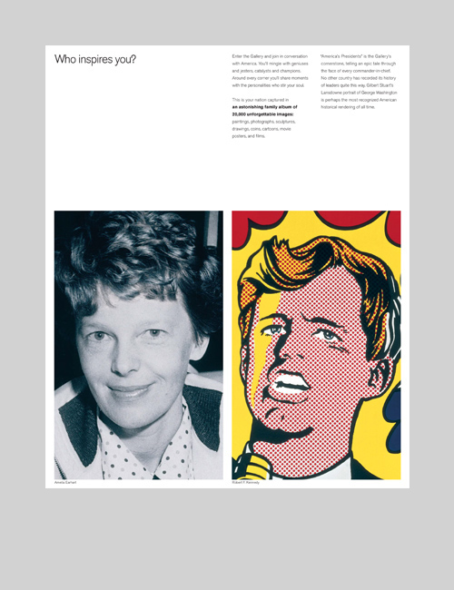 Portraying America campaign materials feature a photograph of Amelia Earhart & Roy Lichtenstein’s portrait of Robert Kennedy.