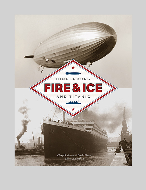 Print materials from Fire & Ice: The Hindenburg and the Titanic feature black and white photographs of both doomed ships.