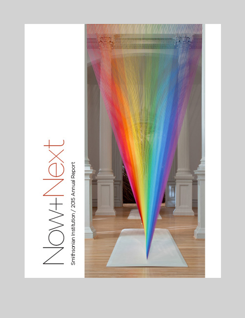 Cover of the 2015 SI Annual Report features the multicolored thread sculpture “Plexus C9” by the artist Gabriel Dawe.