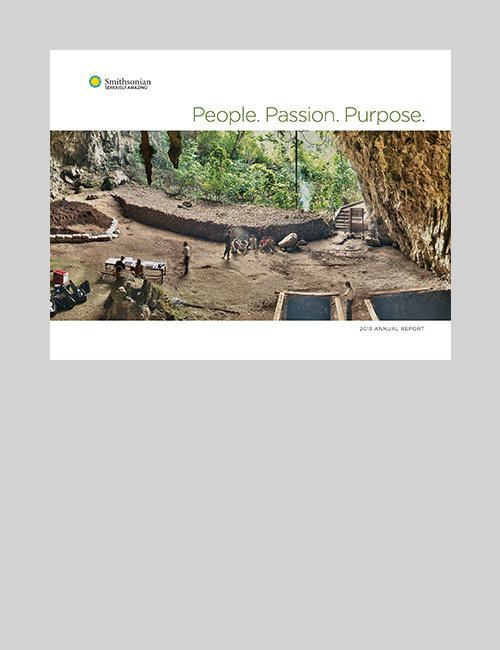 The cover of the 2013 SI Annual Report features the archaeological site of fossilized remains of Homo Honesiensis (hobbits) from Liang Bua Cave in Indonesia.