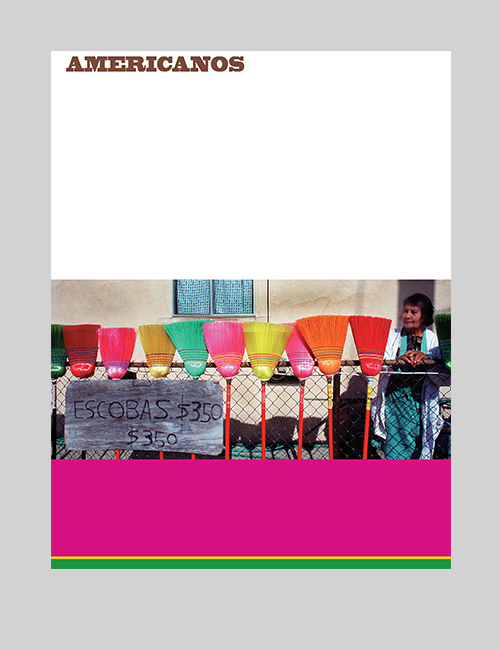 Cover of the Americanos exhibition brochure shows a woman selling colored brooms at a fence.