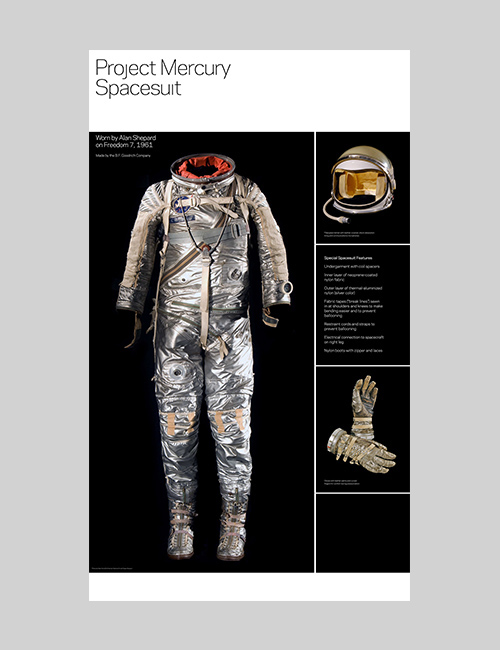 Suited for Space exhibition design shows a spacesuit, helmet, and gloves.