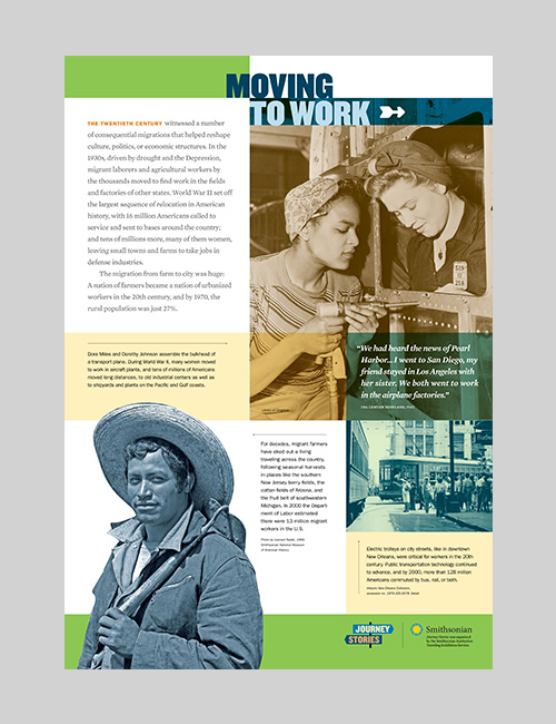 Journey Stories poster with women working construction and another woman supervising her during WWII and a migrant worker.