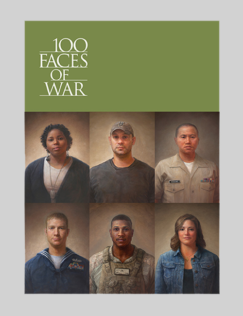 Cover for the invitation for 100 Faces of War features six portraits of soldiers who fought in Iraq and Afghanistan.