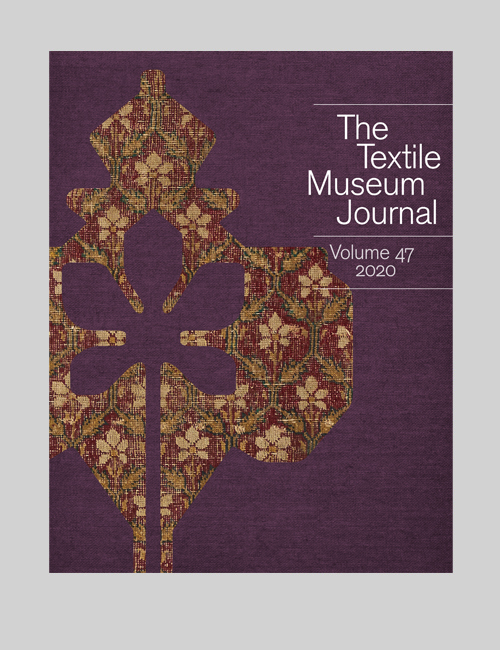 Cover of the 47th issue of the Textile Museum Journal features an 18th century Indian prayer carpet seen through a pattern.
