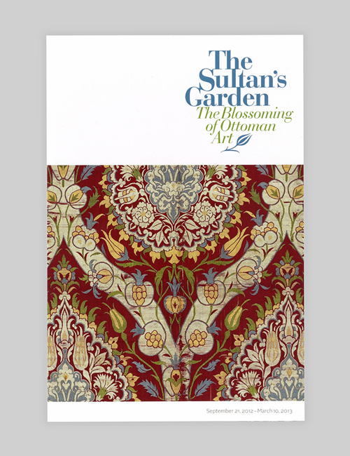 Cover of the gallery guide has the exhibition identity for The Sultan's Garden with a textile that has floral patterning.