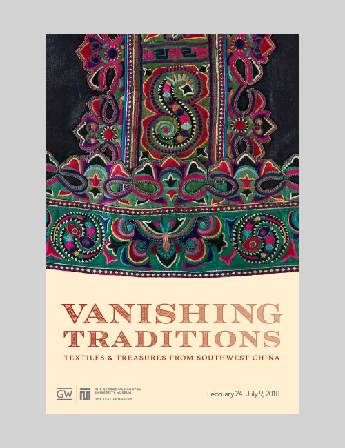 Cover for the Vanishing Traditions gallery guide shows the exhibition identity with a patterned textile from southwest China.