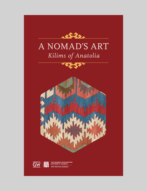 Cover for the gallery guide for A Nomad’s Art shows the exhibition identity with a patterned kilim of Anatolia in a hexagon.