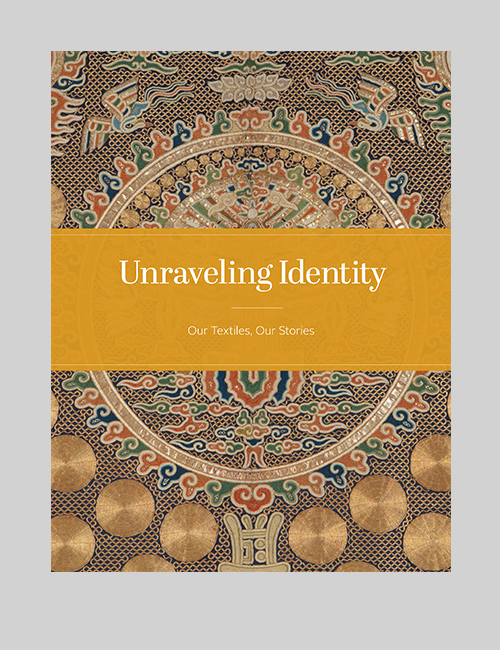 Cover of the Unraveling Identity catalogue showcases a Daoist priest’s robe in silk and metal-wrapped yarn with embroidery.