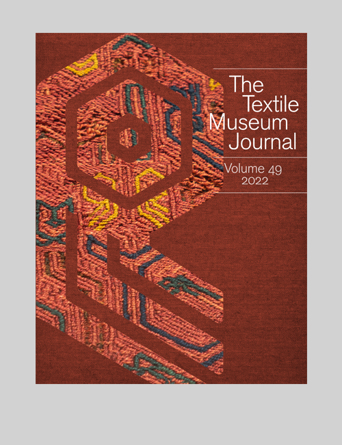 Cover of the 49th issue of the Textile Museum Journal features a detail from a Peruvian border fragment of camelid hair and embroidery as seen through a pattern.