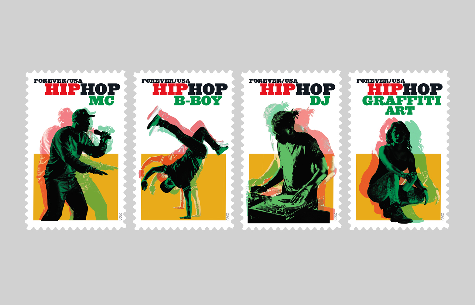 Representations of the four pillars of Hip Hop: MCing, DJing, B-Boying, and Graffiti are shown on the Hip Hop stamp series.