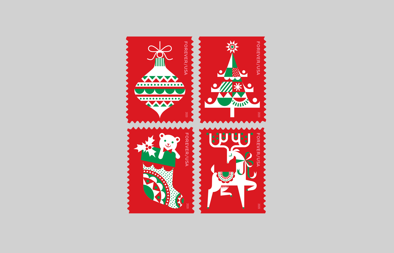 Celebrating Christmas with modern illustrations of an ornament, a decorated tree, a stocking, and a reindeer in red & green.