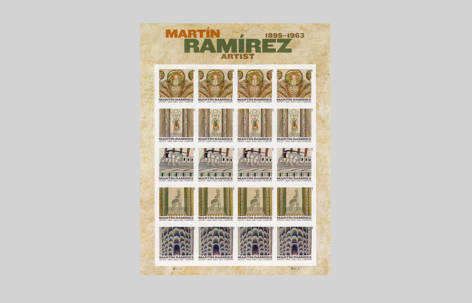 Martín Ramírez stamp sheet shows his art depicting animals, trains, and tunnels with his distinctive line work.