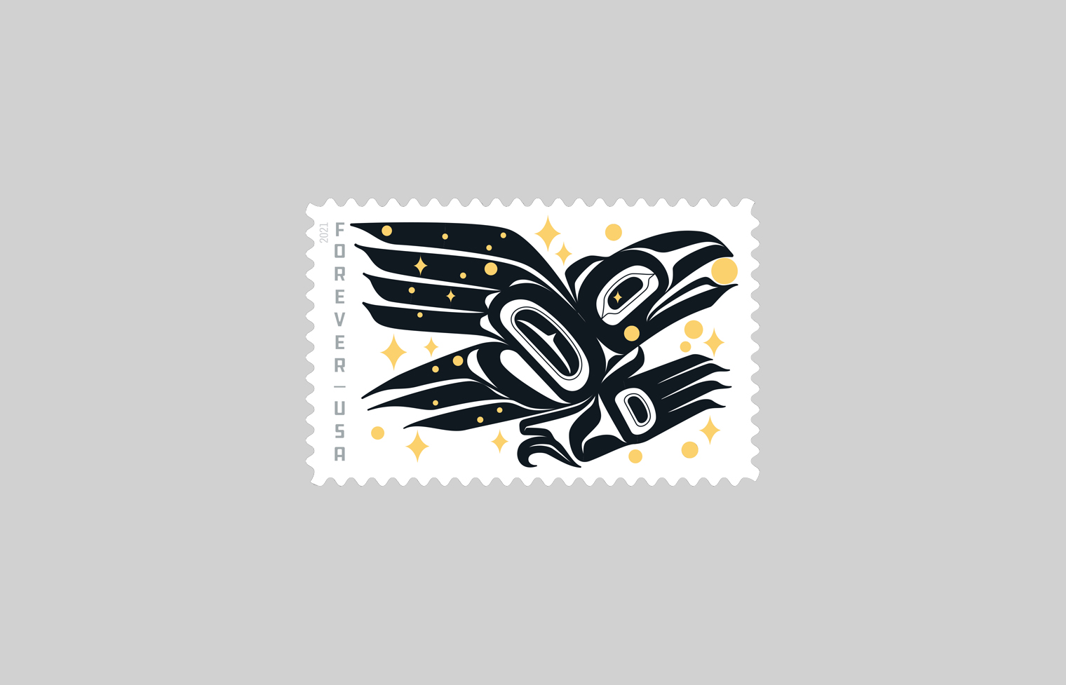 The Raven Story stamp features a raven in a formline art style in black and white by Rico Worl, a Tlingit/Athabascan artist.