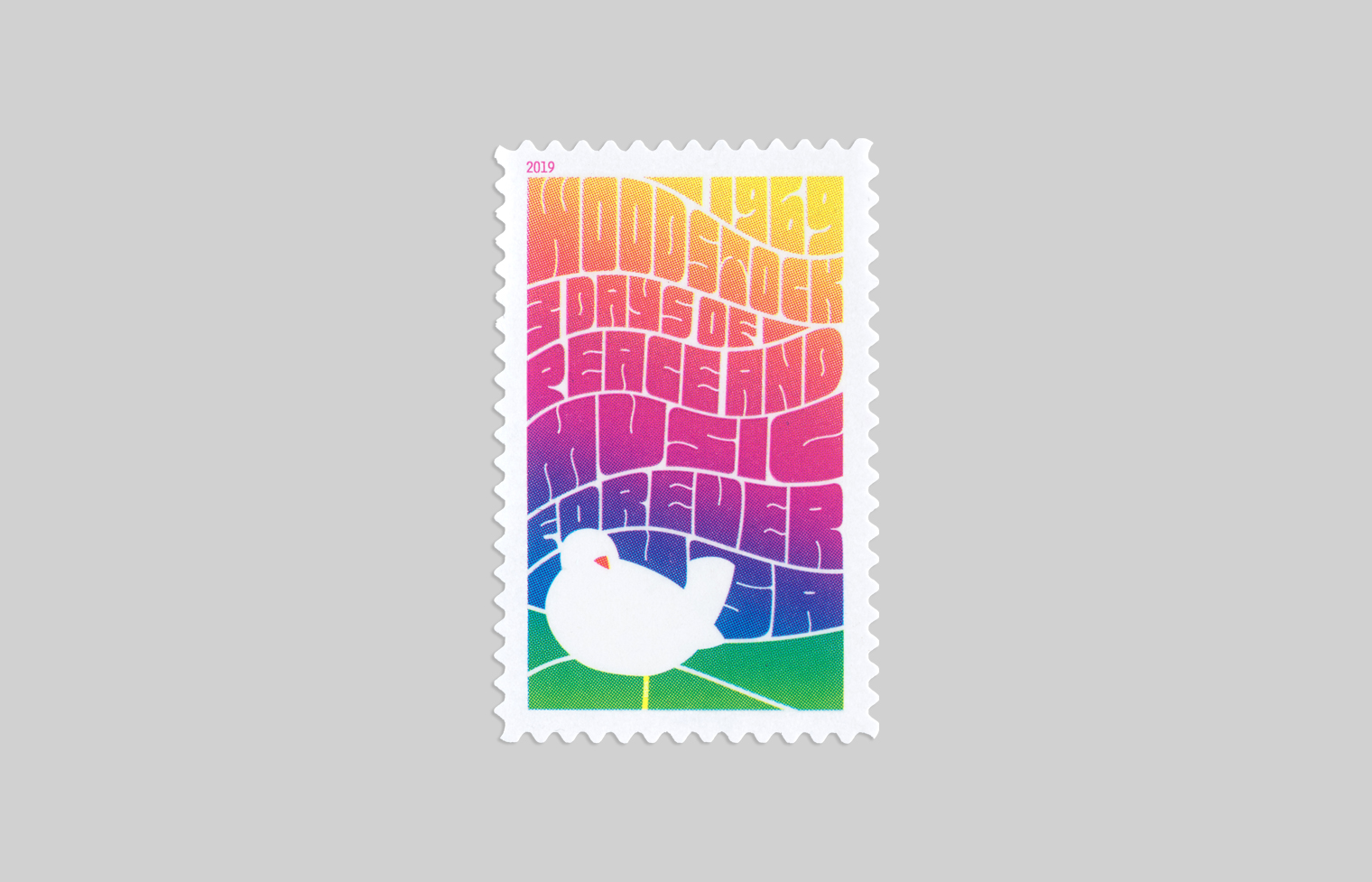 Lettering evoking music posters of the era is combined with the iconic dove to suggest the Woodstock festival
