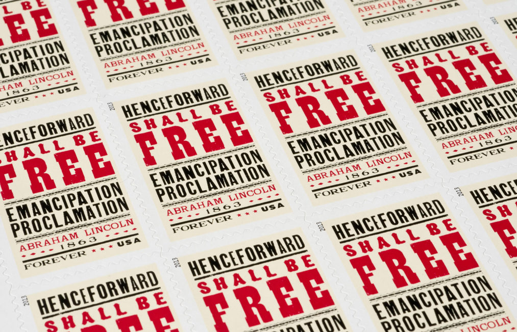 Emancipation Proclamation Stamp Sheet features a letterpress by Gail Anderson