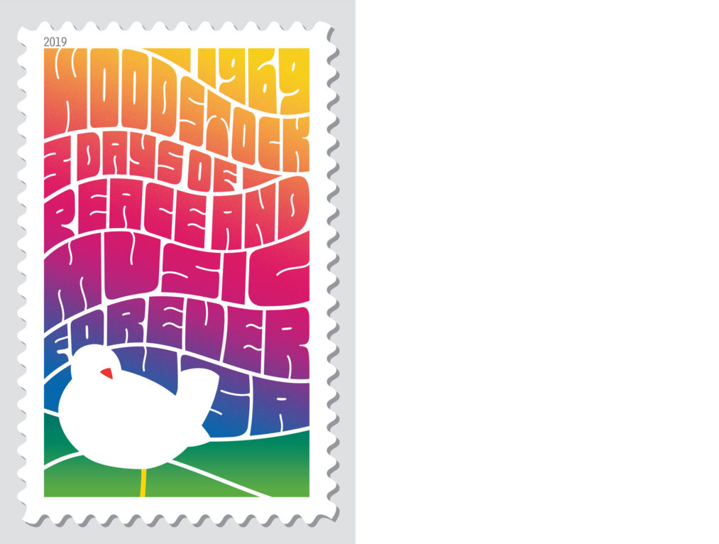 Woodstock Music Forever stamp features lettering evoking music posters of the era is combined with the iconic dove to suggest the Woodstock festival