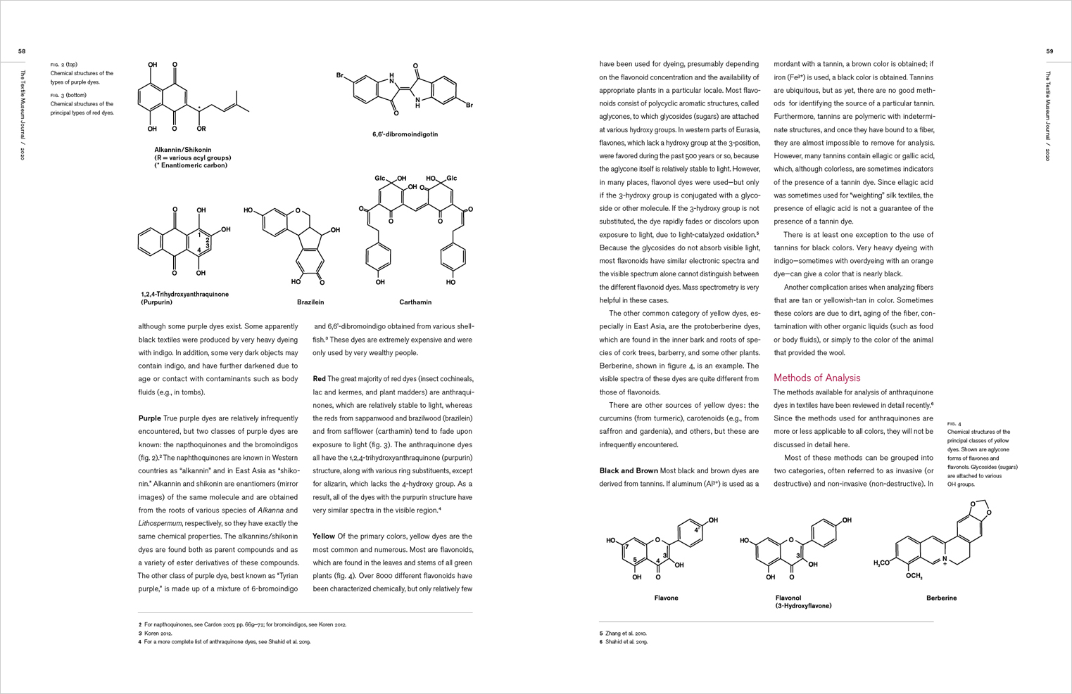Interior spread from the Textile Museum Journal Volume 47 2020 featuring chemical structures.