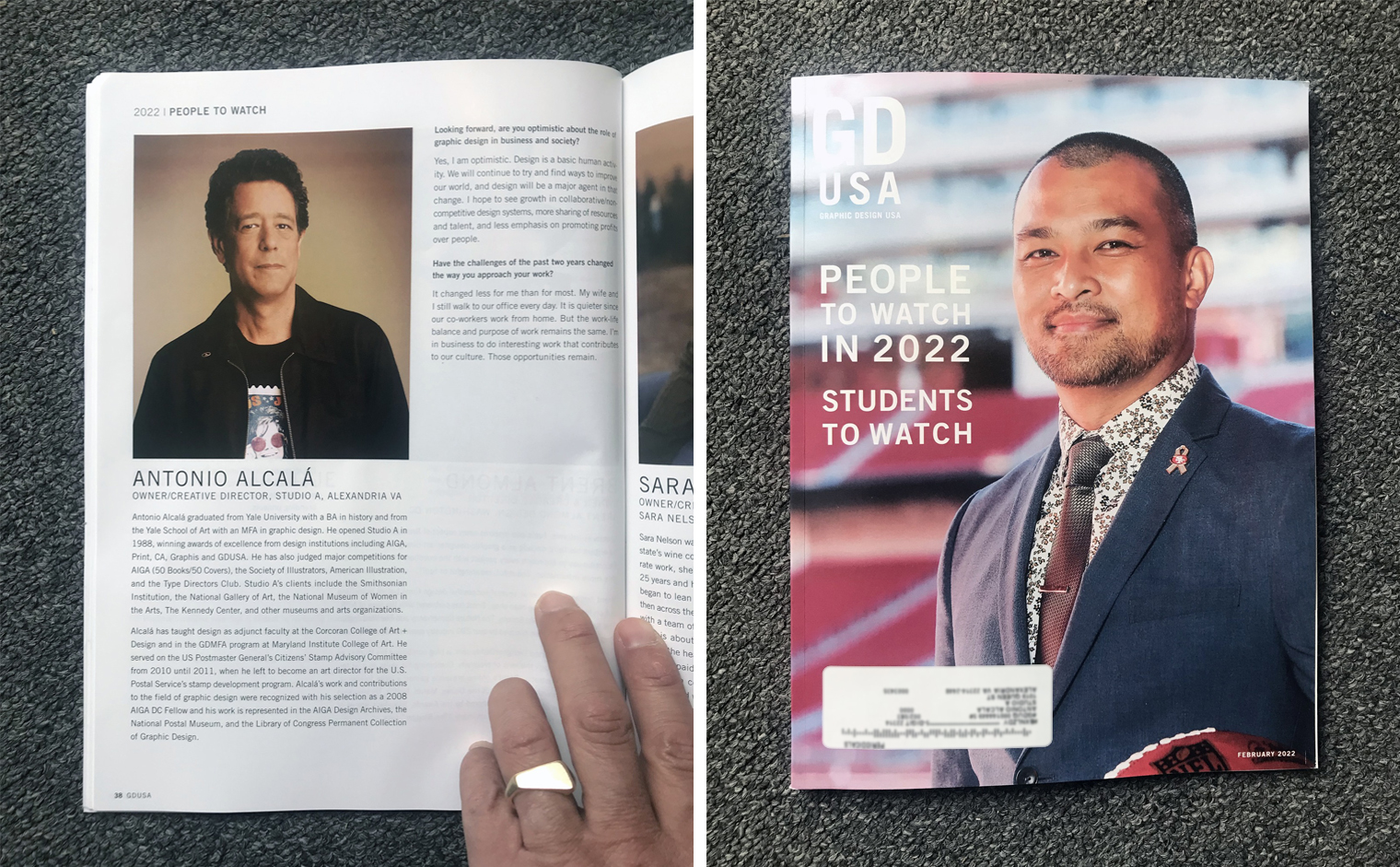 A pair of photos. At left is Antonio Alcala and at right is the cover of the GD/USA issue "People to Watch 2022"