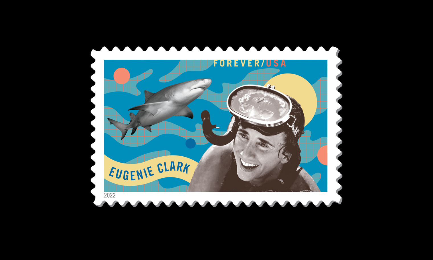 Stamp that celebrates marine biologist Dr. Eugenie Clark shows her in a snorkeling outfit with a lemon shark in the background