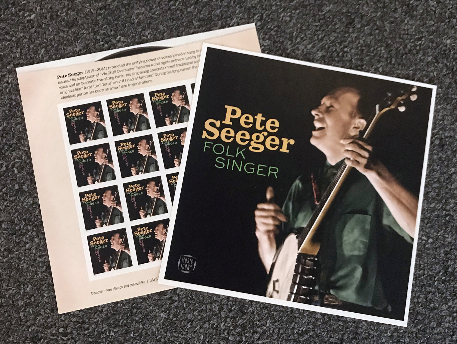 The Pete Seeger Folk Singer stamp sheet features a color photograph of him playing a banjo and a series of stamps on the verso with an illustration that mimics a record