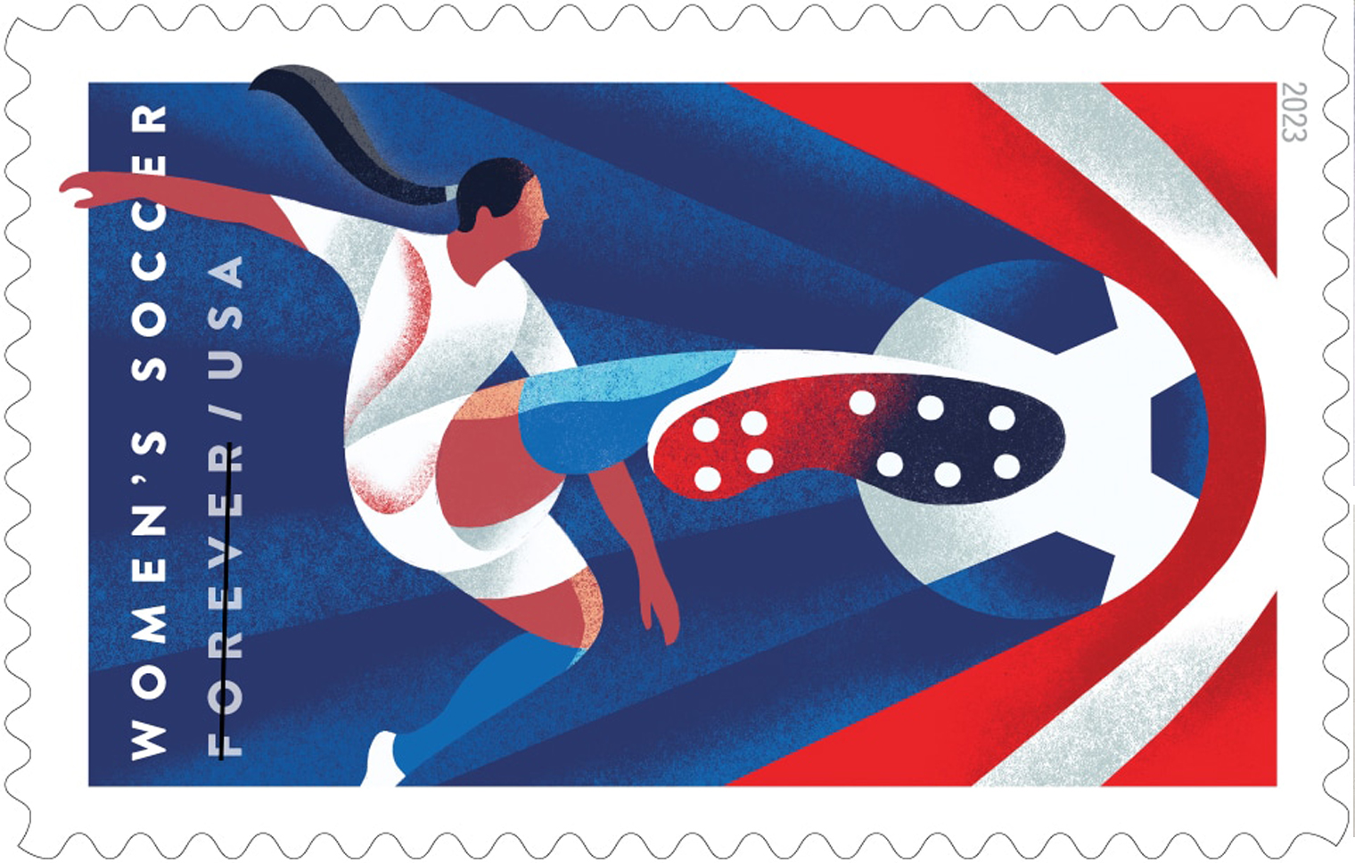 Soccer stamp features a soccer player where the focal point is her foot striking a ball in the foreground.