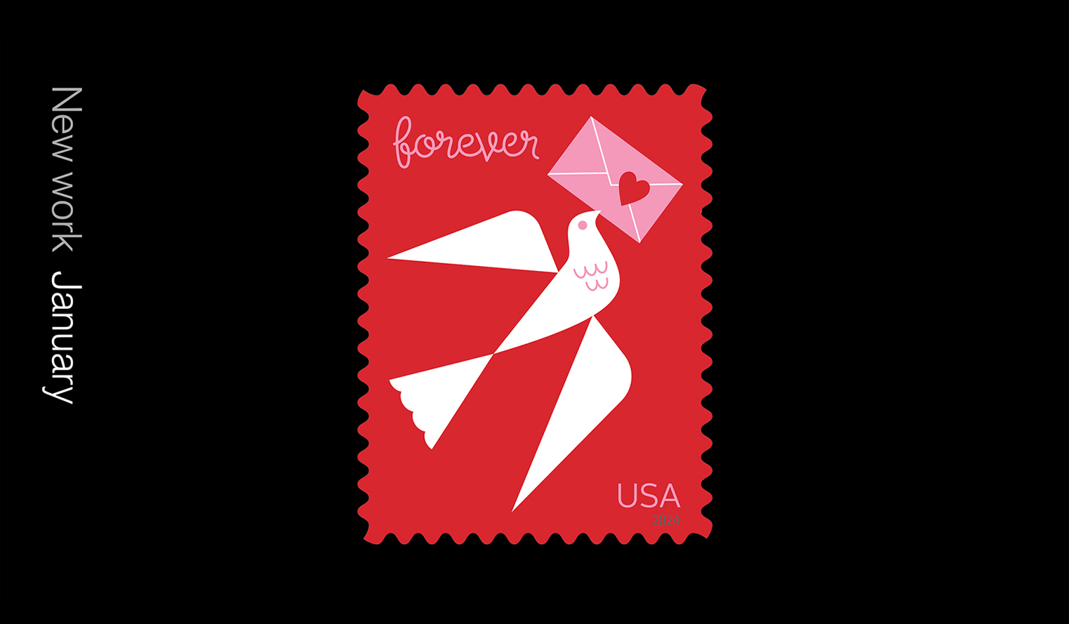 The 2024 love stamp we designed shows a dove carrying a letter sealed with a heart on a red background.