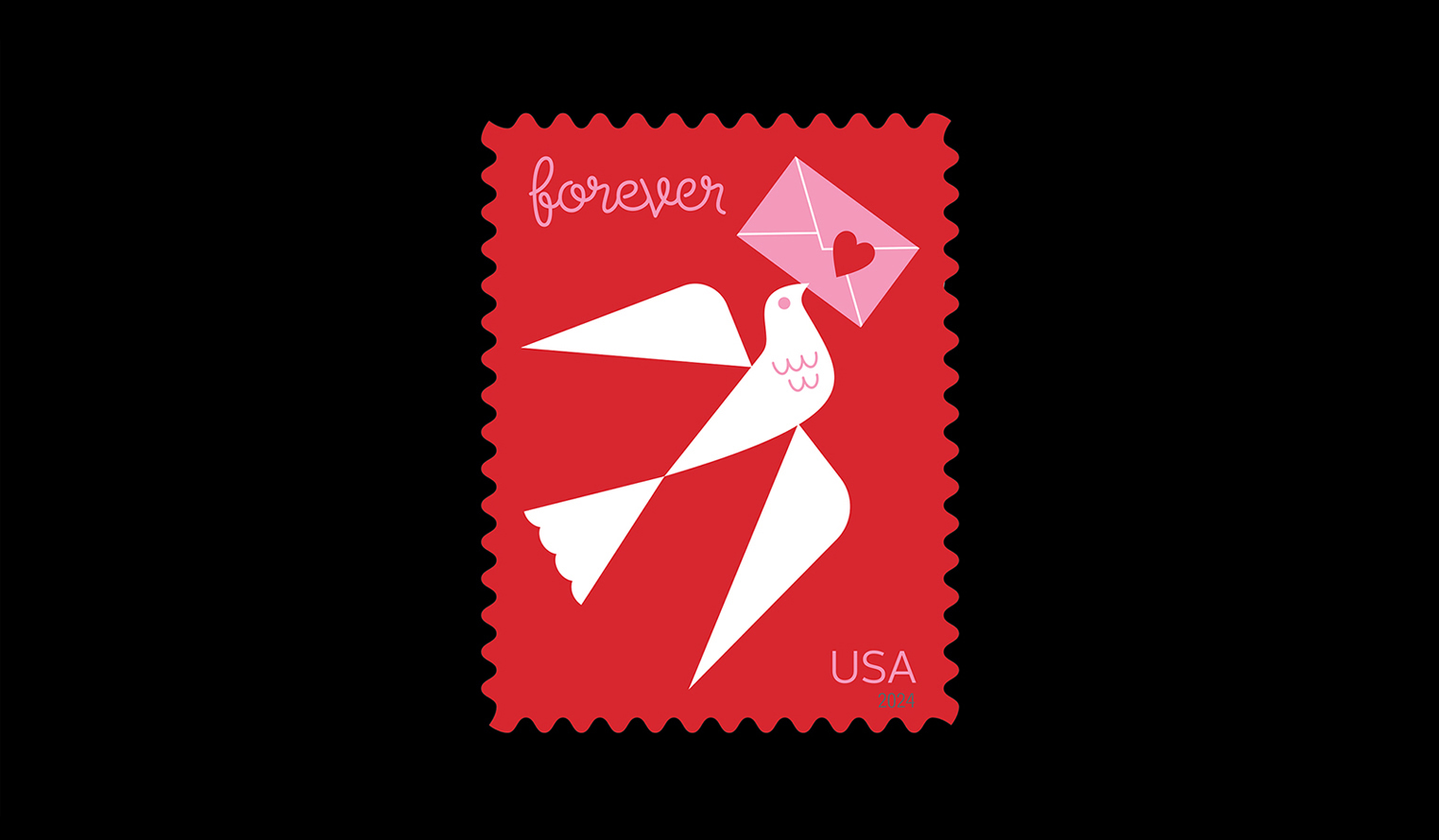 The 2024 love stamp we designed shows a dove carrying a letter sealed with a heart on a red background.