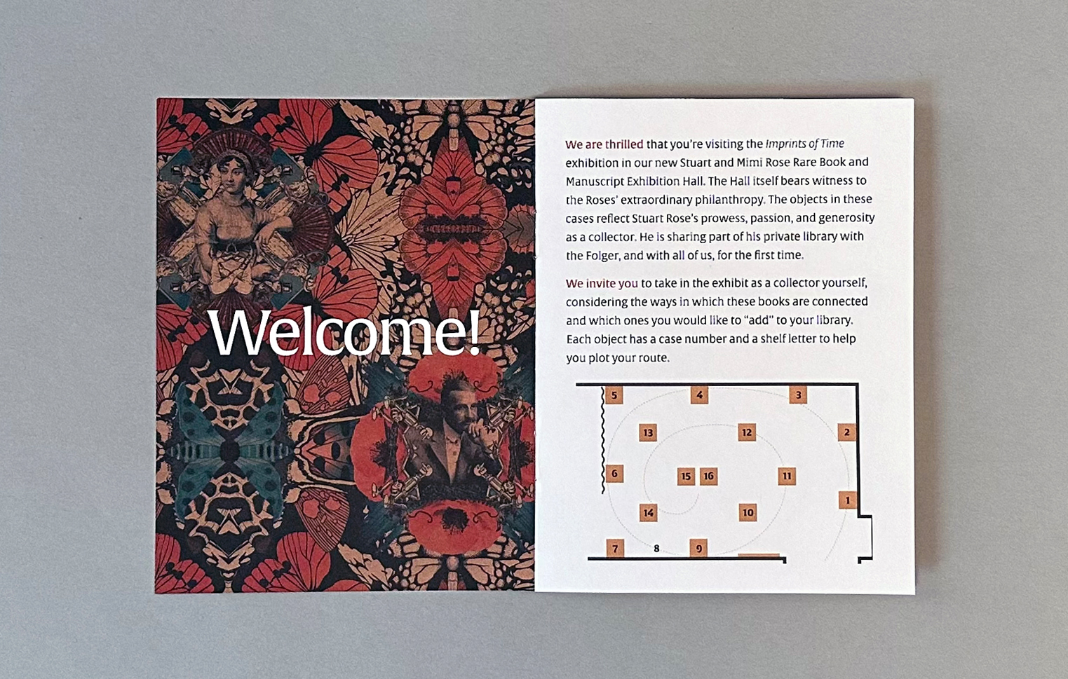 Opening pages of the booklets with a splash page of the wallpaper and the word "Welcome!" and a map of the exhibition.