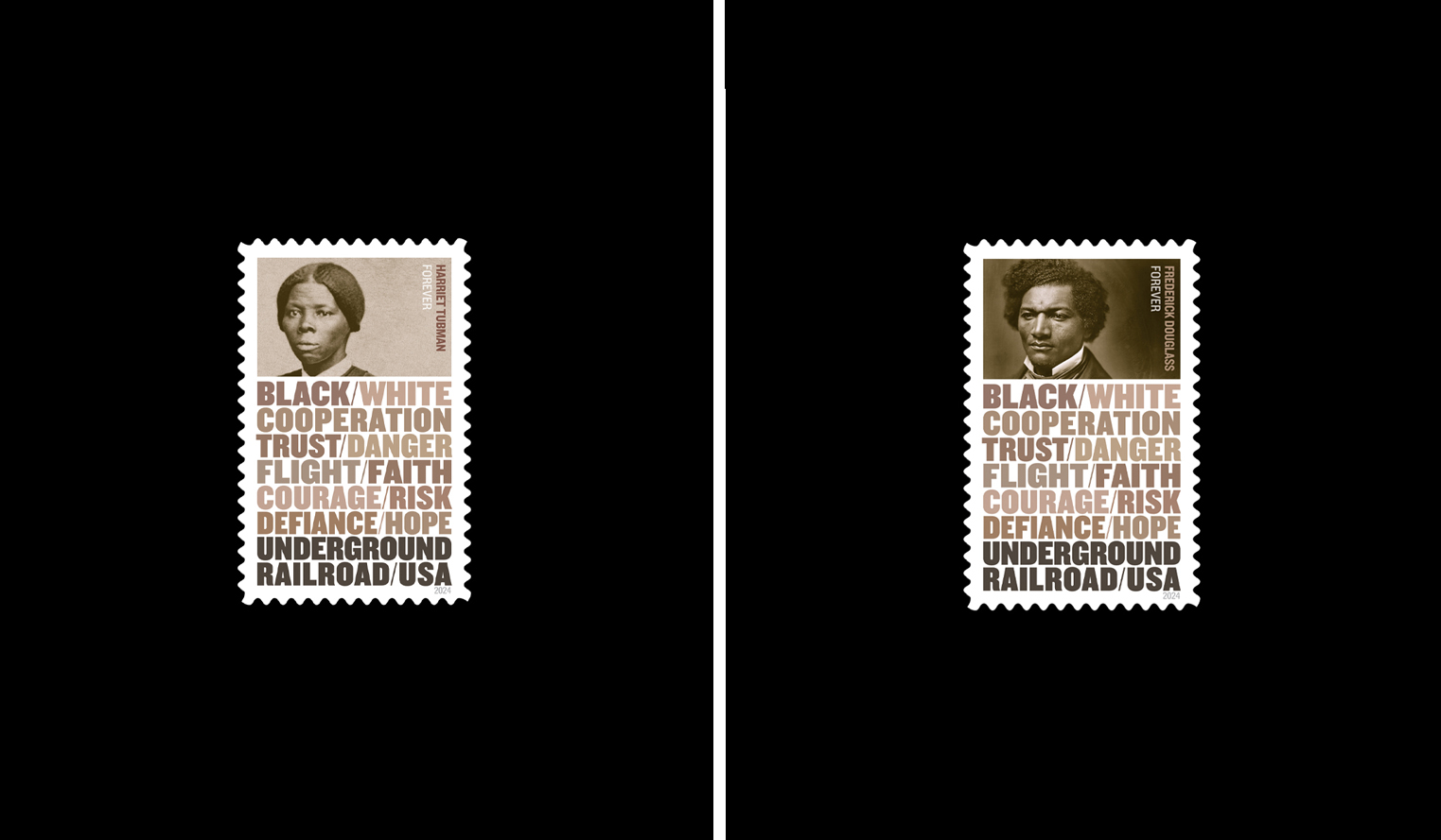 The Underground Railroad stamps feature famous abolitionists and typography of words that define the fight like defiance and hope. These two stamps feature Harriet Tubman and Frederick Douglass.