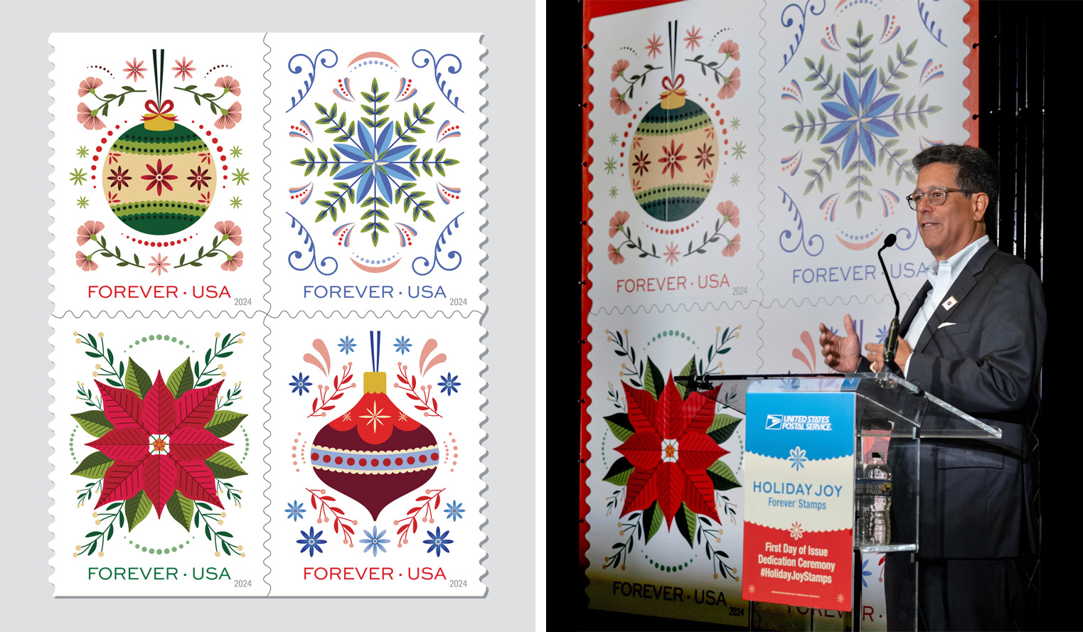 Four colorful USPS holiday stamps featuring ornaments, snowflakes, and a poinsettia are displayed on the left. On the right, a man stands at a podium in front of a large banner showing the stamps, with a sign reading "Holiday Joy" and details about the first day of issue ceremony.
